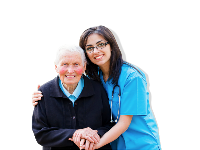 Old woman holding hands with her caregiver