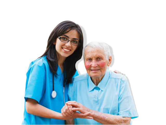 Old woman and caregiver looking at each other